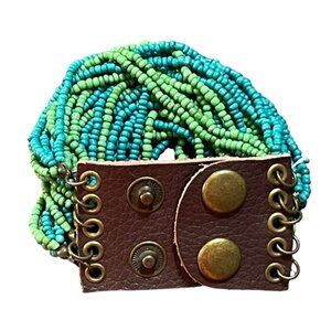 Unbranded Leather & Bead Bracelet Multi-Strand Green Blue Snap Wide Stackable